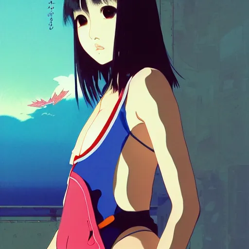 Image similar to a beautiful japanese natalie portman gravure model, wearing oversized native designer bomber jacket and leotard with overalls, bulky poofy bomber jacket with mesoamerican patterns, mesoamerican native street fashion, gapmoe yandere grimdark, trending on pixiv fanbox, painted by greg rutkowski makoto shinkai takashi takeuchi studio ghibli, akihiko yoshida