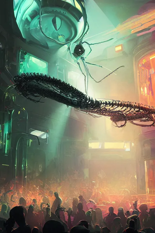 Image similar to Alien beetle bugs from another planet visit a jazz nightclub in Harlem, an epic painting, volumetric lighting, intricate, elegant, highly detailed, digital painting, artstation, concept art, smooth, sharp focus, art by Maciej Kuciara