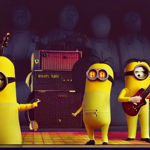 Image similar to the beatles performing with guitars, a giant yellow minion at background, sci fi, art by mike winkelmann, trending on cgsociety, retrofuturism, darksynth, sci - fi