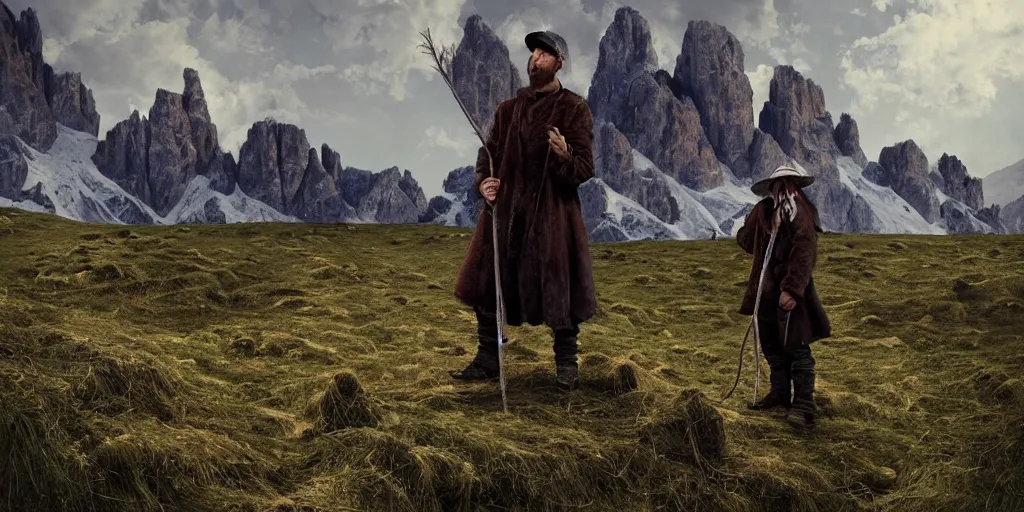 Prompt: alpine farmer transforming into a monster ,roots and hay coat, dolomites in background, dark, eerie, despair, portrait photography, artstation, digital art, concept art, artstation, highly detailed, sharp focus, by caravaggio