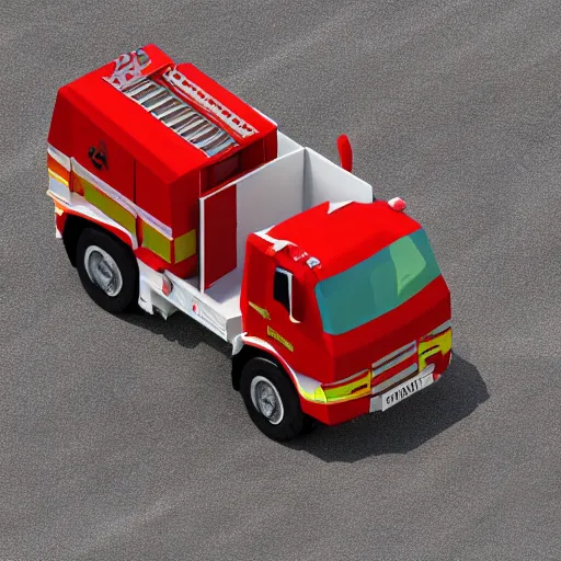 Prompt: isometric low - poly 3 d fire engine, isometric art
