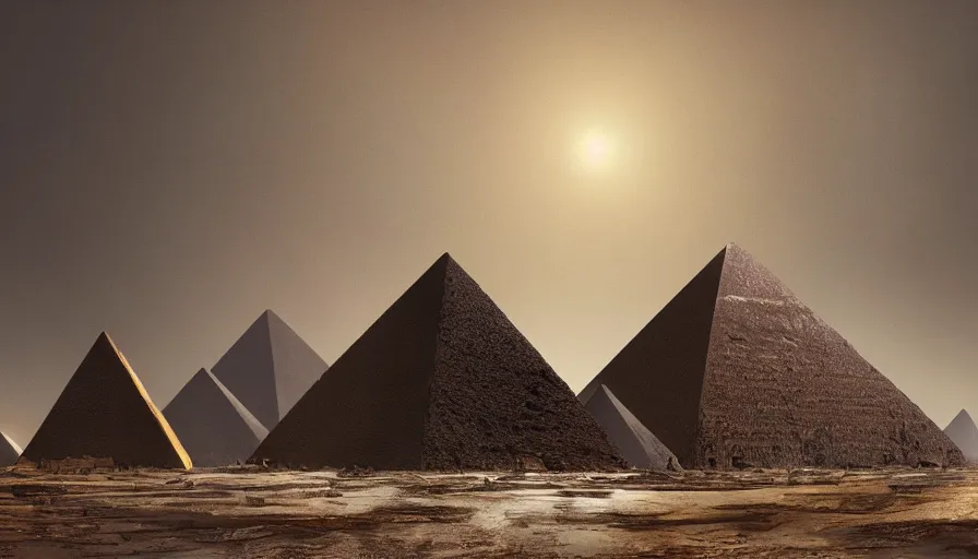 Prompt: a digital painting of colossal black pyramid made of obsidian and gold, two large statues next to it, emerging from mud and tar, a swamp, in dust and sand, overgrown with plants, dried leaves, cinematic lighting, trending on artstation, national geographic photography, digital painting, elaborate matte painting