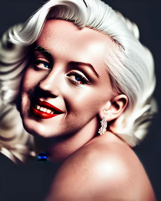 Prompt: Beautiful Head and shoulders portrait of smiling flirty seductive Marilyn monroe with platinum blonde hair, wearing a camisole by arney freytag, artstation, 35mm, fashion photoshoot, photo studio, golden hour, bokeh, rim lighting, fashion pose, octane, 4k