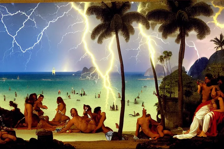 Image similar to Rio de Janeiro balustrade and palace columns, refracted lightnings on the ocean, thunderstorm, tarot cards characters, beach and Tropical vegetation on the background major arcana sky and occult symbols, by paul delaroche, hyperrealistic 4k uhd, award-winning, very detailed paradise