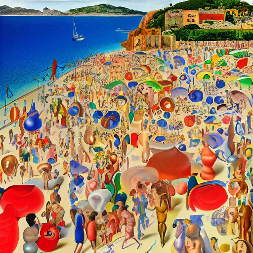 Prompt: balearic vacations in a sea of plastic, painted by botero and salvador dali, detailed image