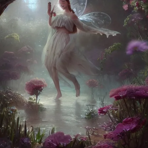 Image similar to silver fairies home madeup of flowers, magical world, by greg rutkowski, sung choi, photo realistic, 8 k, cinematic lighting, hd, atmospheric, hyperdetailed, trending on artstation, devainart, digital painting, glow effect