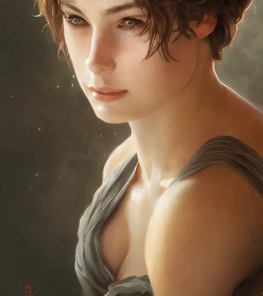 Prompt: portrait of a young woman, soft features, muscular, half body, cloth, hazel eyes, short brown hair, back light, d & d, fantasy, intricate, highly detailed, digital painting, artstation, concept art, smooth, sharp focus, illustration, art by artgerm and greg rutkowski and alphonse mucha