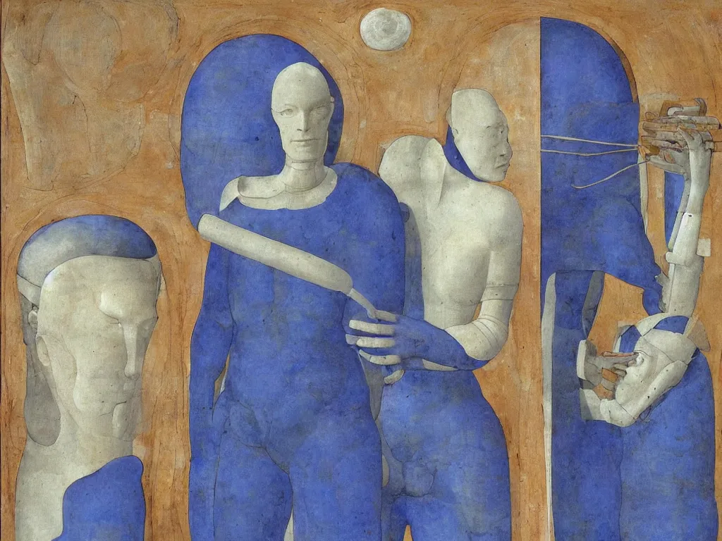 Image similar to giant white beekeeper suit mech piloted from the forehead by devil. lapis - lazuli. painting by piero della francesca, bosch, moebius