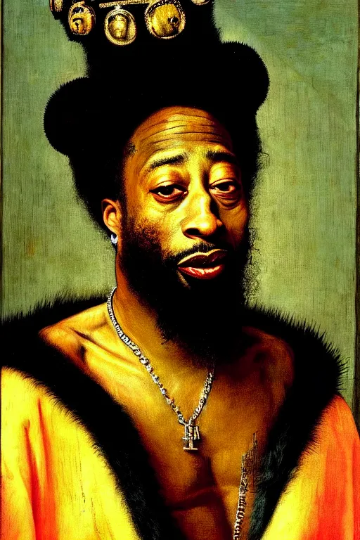 Prompt: high quality celebrity portrait of rap star odb from the wu - tang clan wearing a crown and robe, painted by the old dutch masters, rembrandt, hieronymous bosch, frans hals, symmetrical detail