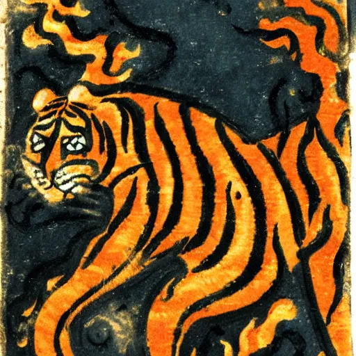 Image similar to bad drawn tiger made of smoke, lava and fire flying in the sky with many legs in a medieval manuscript, medieval manuscript, golden miniatures