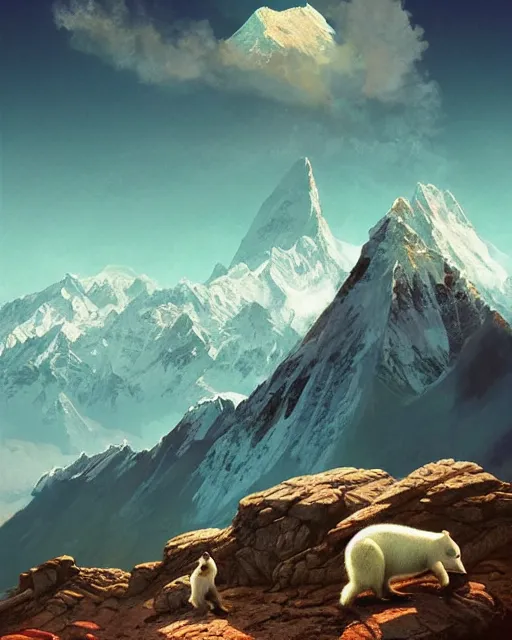 Prompt: white capybara at the peak of himalayas, surreal photography, sunrise dramatic light, impressionist painting, colorful clouds, digital painting, artstation, kilian eng, john harris, bastien lecouffe - deharme, simon stalenhag, flower face