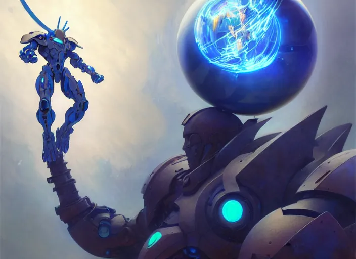 Prompt: character design digital 2 d man viking evangelion cyborg blue armor with glass sphere and hologram weapon by gaston bussiere, anna nikonova aka newmilky, greg rutkowski, yoji shinkawa, yoshitaka amano, tsutomu nihei, muira, moebius, donato giancola, trending on artstation, featured on pixiv