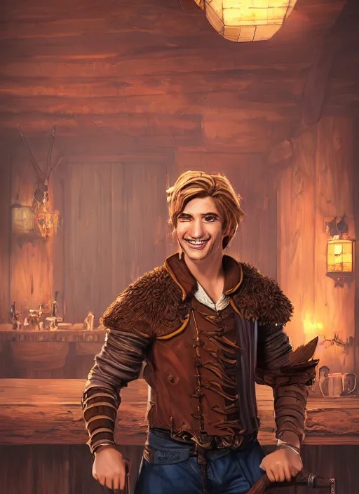 Image similar to An epic fantasy comic book style portrait painting of a handsome young man with brown wavey hair, wearing thief clothing in a tavern and smiling with a wooden tankard in hand, unreal 5, DAZ, hyperrealistic, octane render, cosplay, RPG portrait, dynamic lighting