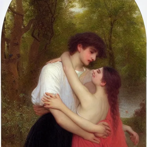 Image similar to young man in orange t - shirt and young woman with black hair hugging, by pierre - auguste cot