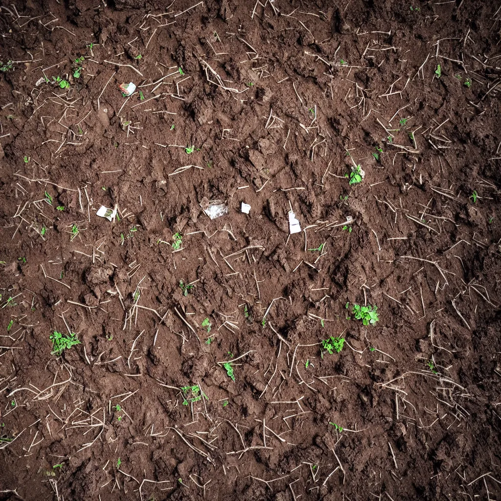 Prompt: a high camera topdown picture of nightmare horror dirt with trash, bricks, giant thick tree roots and mud. dark.