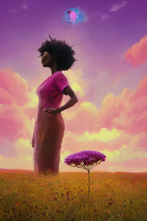 Prompt: closeup, giant flower over head, an african woman in heather field, surreal photography, golden hour, colorful clouds, impressionist painting, digital painting, artstation, simon stalenhag