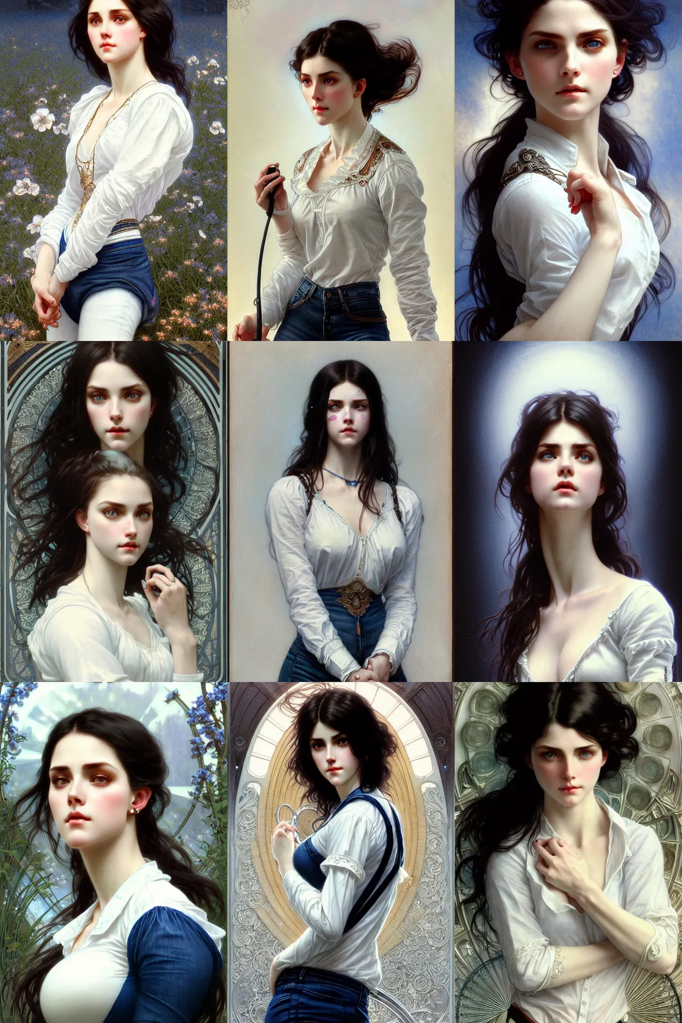 Prompt: ultra realistic, Beautiful woman, Porcelain white complexion, black hair, big blue eyes, cute small lips., wearing jeans and white blouse, whip in hand, intricate details, eerie, highly detailed, octane render, 8k, art by artgerm and alphonse mucha and greg rutkowski