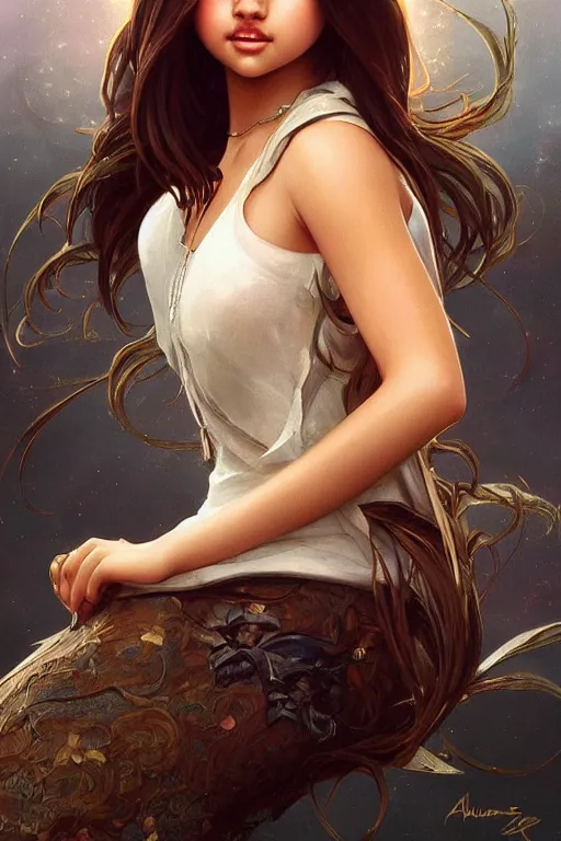 Image similar to ultra realistic illustration, selena gomez, elegant, highly detailed, digital painting, concept art, smooth, sharp focus, illustration, art by artgerm and greg rutkowski and alphonse mucha