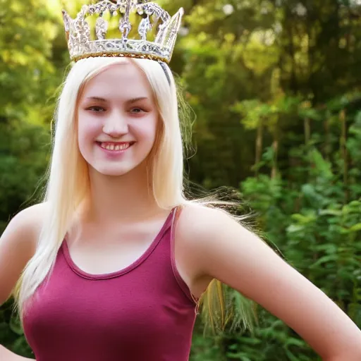 Image similar to photograph of teenage blonde girl with big chest wearing a princess crown and tank top