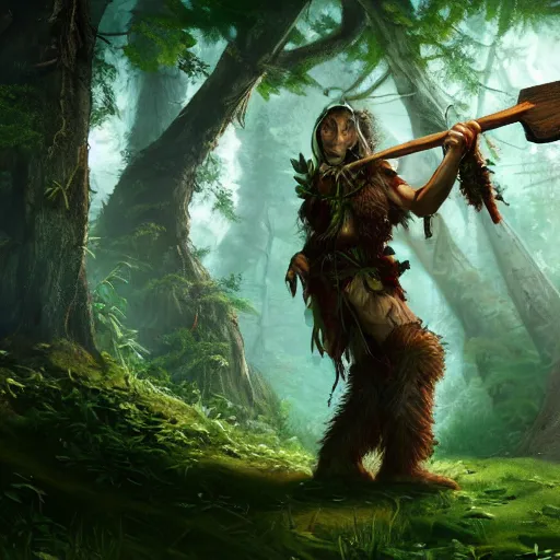 Image similar to Tree Druid, in the forest, wielding an axe, battle pose, dungeons and dragons, masterpiece, 4k, digital art, unreal engine, high quality render, trending on artstation