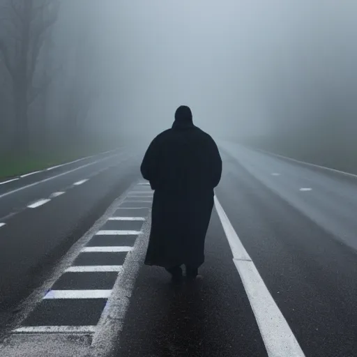 Image similar to mist, there\'s a shadowy figure on the road, with glowing eyes