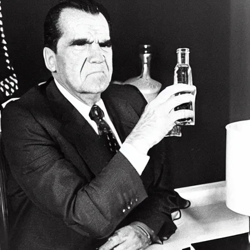 Image similar to Wasted Richard Nixon drinking a bottle of vodka in the oval office, historical photo