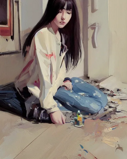 Image similar to A ultradetailed beautiful panting of a stylish girl sitting on the floor of a messy apartment, she is wearing an oversized jacket, Oil painting, by Ilya Kuvshinov, Greg Rutkowski and Makoto Shinkai