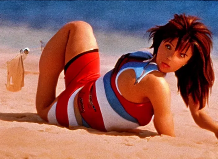 Prompt: a film still of a a woman called tracer from overwatch in baywatch 1 9 8 9