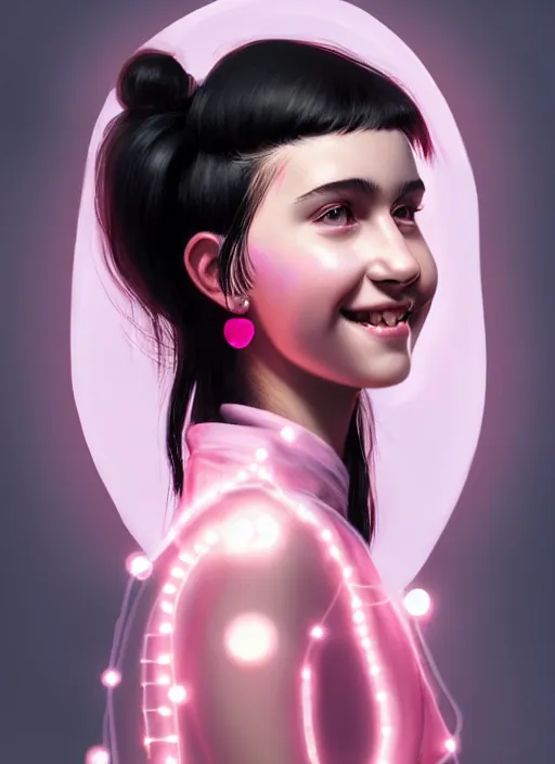 Image similar to portrait of teenage girl, narrow face, black hair, bangs, half updo hairstyle, skinny, smile, unattractive, defined jawline, big chin, wearing pink hair bow, earrings, intricate, elegant, glowing lights, highly detailed, digital painting, artstation, sharp focus, illustration, art by wlop, mars ravelo and greg rutkowski