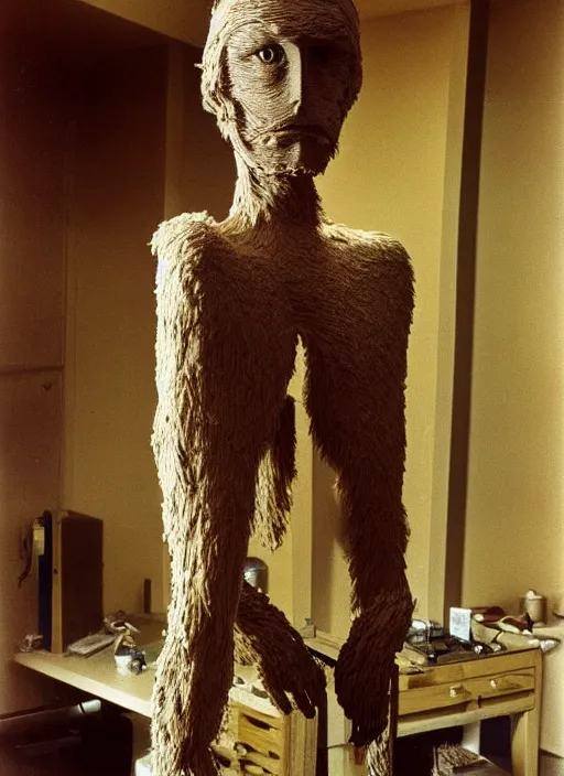 Image similar to realistic photo of a a hairy human birdman sculpture by max ernst made of white clay, in a living room sci - fi laboratory with many wooden gadgets made of wood interior is made of wood 1 9 9 0, life magazine reportage photo, natural colors