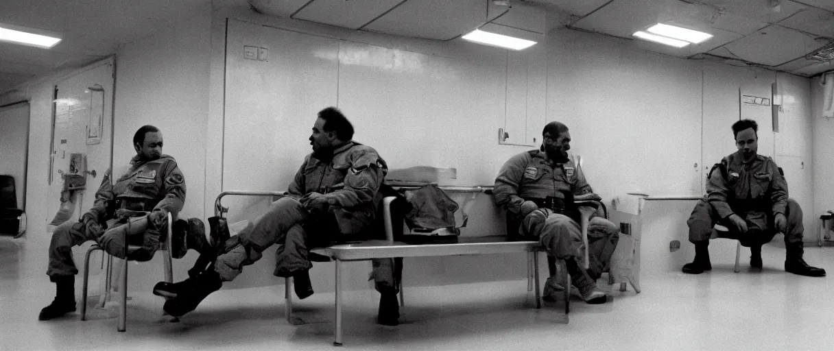 Image similar to filmic wide shot movie still 4 k hd interior 3 5 mm film color only photograph of two armed guards sitting down and talking in a break room in a military base, in the style of the horror film the thing 1 9 8 2