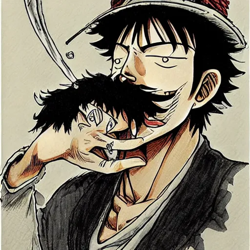 Image similar to [ luffy mustache ] ( by kim jung gi ) ( by kentaro miura )