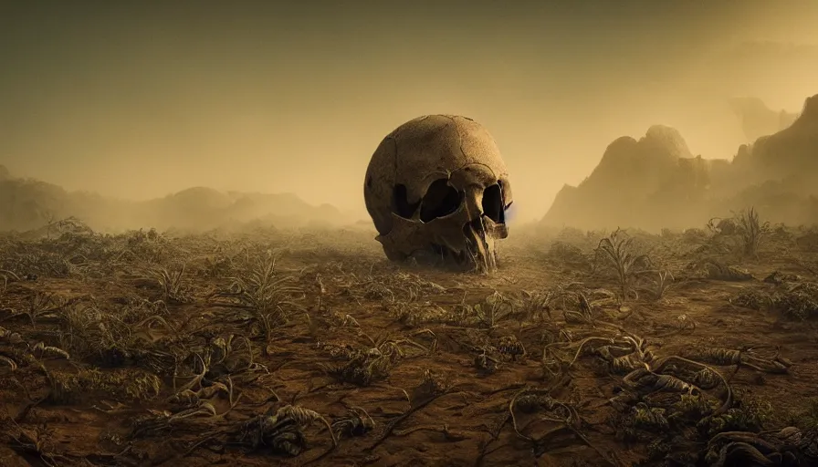 Prompt: a vast wasteland, 1 colossal skull half covered in dust and sand, overgrown with plants, dried leaves, cinematic lighting, trending on artstation, national geographic photography, digital painting, elaborate matte painting