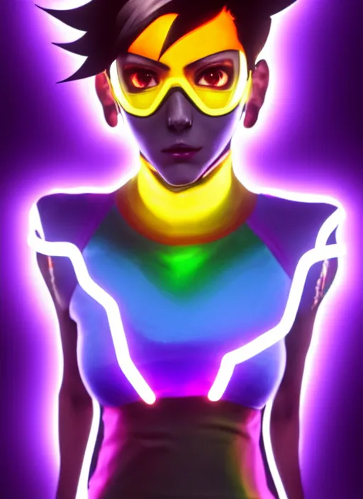 Image similar to full body overwatch style oil painting portrait of tracer overwatch, confident pose, full body, full body, wearing black jagged iridescent rainbow latex armor, rainbow, neon, 4 k, expressive surprised expression, makeup, wearing large rainbow neon choker, studio lighting, acid, trippy, black leather harness, expressive detailed face and eyes,