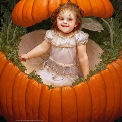 Image similar to a cute happy baby sitting inside a pumpkin. beautiful cute highly detailed face. halloween themed painting by artgerm and greg rutkowski and alphonse mucha.