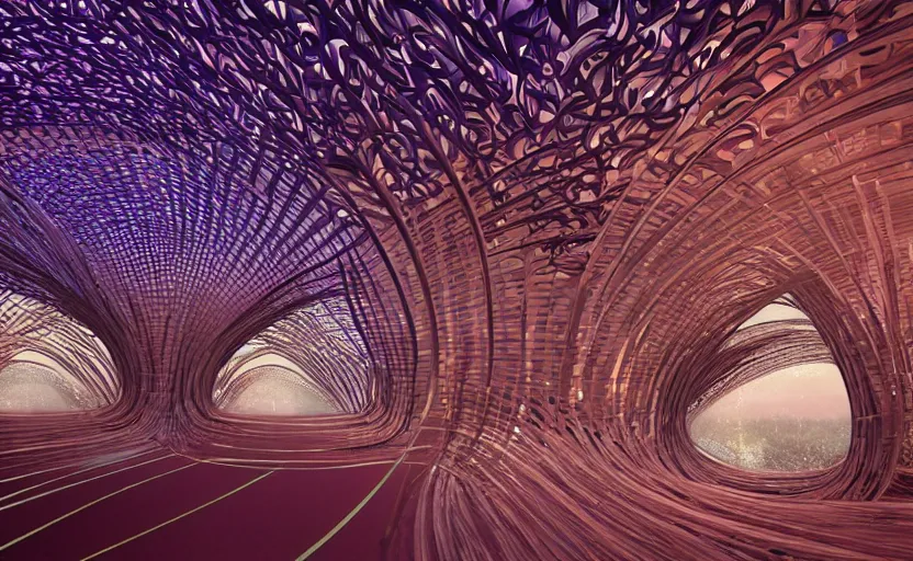 Prompt: a surreal environment of a futuristic curvilinear parametric and computational Art nouveau art installation, visionary art, intricate and complex, back-lit and front lit, hd, 16k, unreal engine, UHD photographic quality, medium format