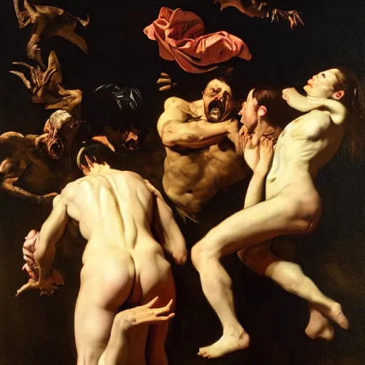 Image similar to unspeakable horror by, Eugène Delacroix and Francis Bacon and Micheal Whelan and Michelangelo Merisi da Caravaggio and Franz Xaver Winterhalter