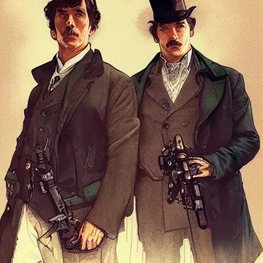 Prompt: [Sherlock Holmes and Watson as GTA characters, intricate, elegant, graphic detail, digital painting, trending on artstation, concept art, tonalism, sharp focus, illustration, art by Miguel Vasquez and Greg Rutkowski and Alphonse Mucha]