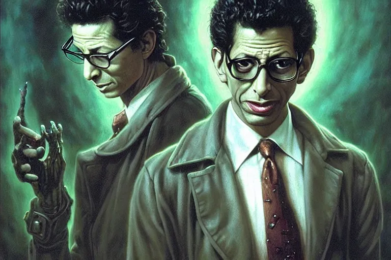 Image similar to young jeff goldblum in “ constantine ” ( 1 9 8 4 ) by cronenberg artwork, 4 k digital art, neon, 8 0's style tomasz alen kopera, peter mohrbacher, donato giancola, ilya repin, drew struzan hyperrealistic oil painting, gothic ghost horror biomechanical hell demons, frank frazetta