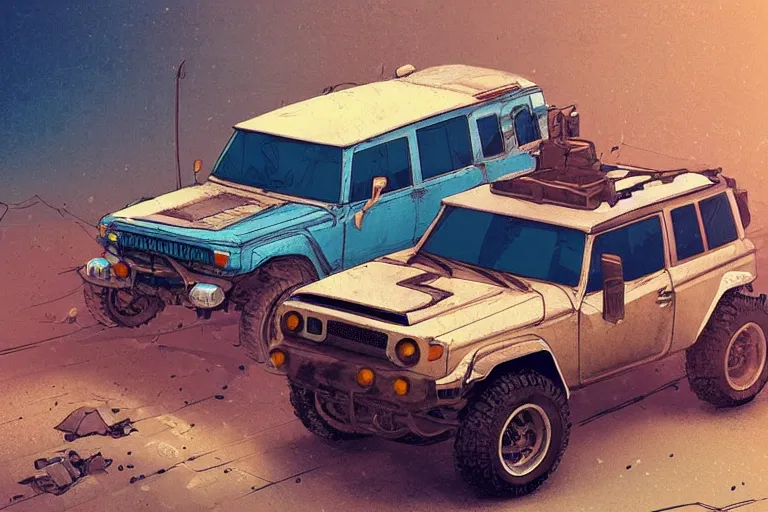 Image similar to digital illustration of a futuristic faded cyan mad max's fj 4 0 decrepit!!!! pursuit special, rusty!!! cyberpunk nissan fj cruiser heavily modded 1 9 9 0 s, the last v 8 interceptor by makoto shinkai, ilya kuvshinov, lois van baarle, rossdraws, basquiat