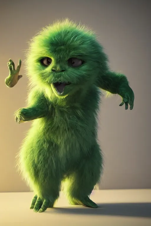 Prompt: an adorable alien creature with fluffy green fur, highly detailed body, photorealistic camera shot, bright studio setting, studio lighting, crisp quality, light reflections, unreal engine 5 render,