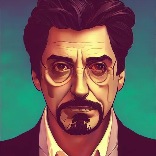Prompt: Al Pacino as Tony Stark, ambient lighting, 4k, alphonse mucha, lois van baarle, ilya kuvshinov, rossdraws, artstation
