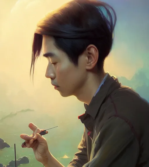 Image similar to highly detailed portrait of a young ho chi minh with long hairs, unreal engine, fantasy art by greg rutkowski, loish, rhads, ferdinand knab, makoto shinkai and lois van baarle, ilya kuvshinov, rossdraws, tom bagshaw, alphonse mucha, global illumination, radiant light, detailed and intricate environment