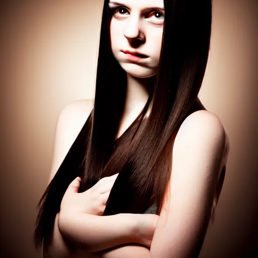 Image similar to beautiful young woman with long straight dark hair, pale skin, brown eyes portrait, photograph, intricate complexity, rule of thirds, dramatic lighting dark background