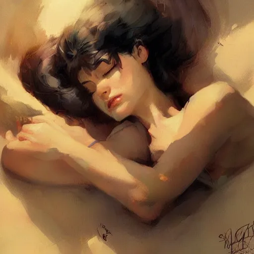 Image similar to falling asleep by greg rutkowski, frank frazetta, artgerm, wlop