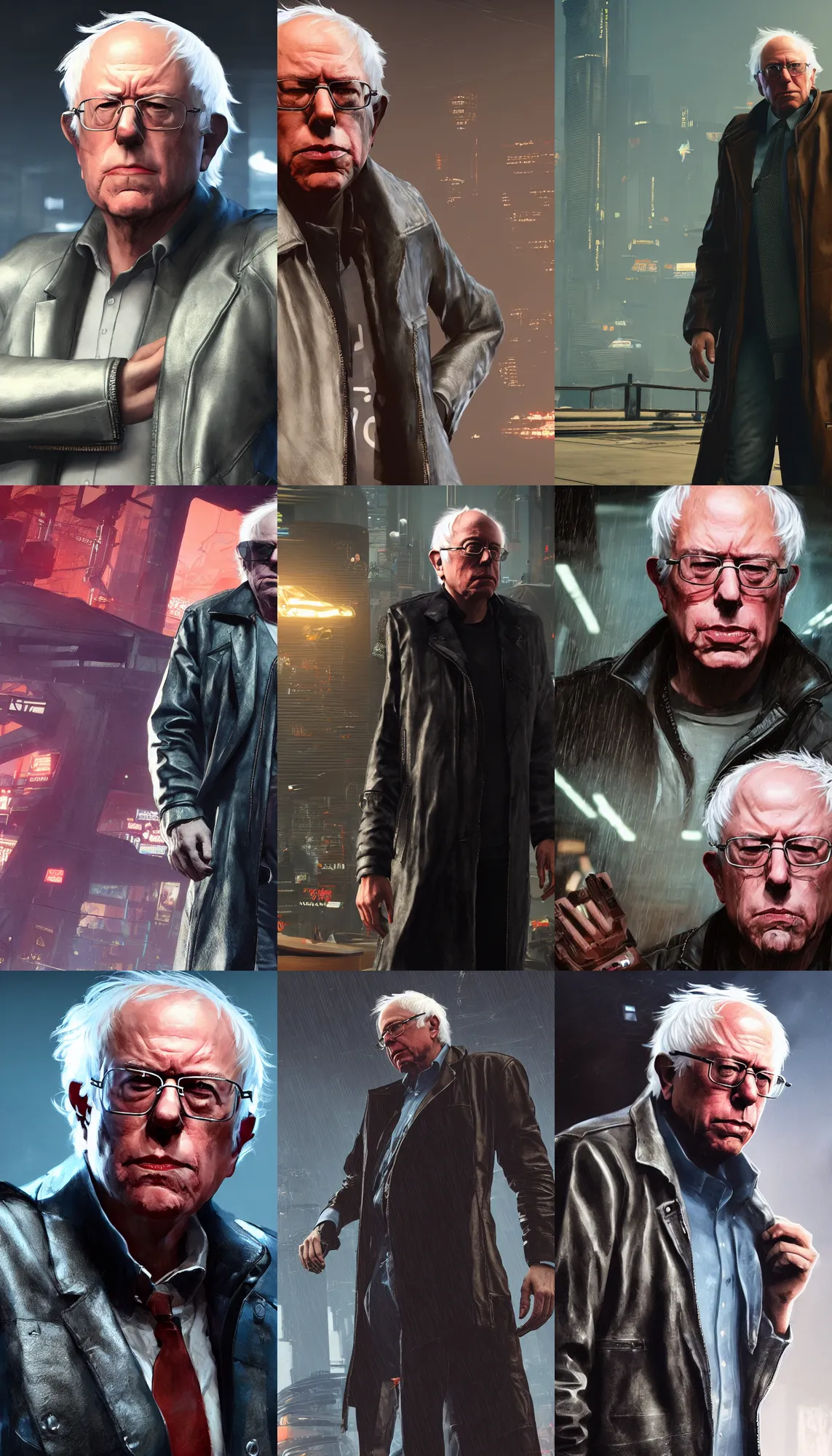 Prompt: full-frame of Bernie Sanders, wearing a leather-coat, as a character from Cyberpunk 2077, looking at camera, intricate, sci-fi, extremely detailed, concept art, artstation