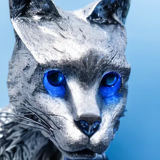 Prompt: Portrait photography of an Silver fox sculpture with glowing blue eyes