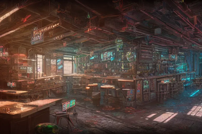 Image similar to Highly detailed Digital concept interior design in style of Hiromasa Ogura and Josan Gonzalez of cyberpunk tavern with stone walls and neon lights, a lot of electronics, many details. Natural white sunlight from the transperient roof. Rendered in VRAY and DaVinci Resolve and MAXWELL and LUMION 3D, Volumetric natural light