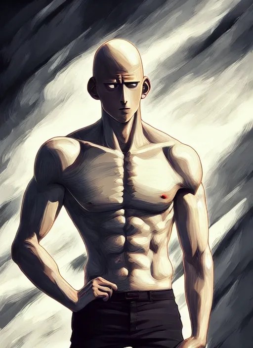 Image similar to handsome saitama, half body shot, path traced, fight scene, highly detailed, high quality, digital painting, alena aenami, lilia alvarado, shinji aramaki, karol bak, alphonse mucha, tom bagshaw