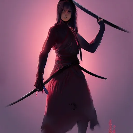 Image similar to samurai woman in black, bloodthirsty, katana, agony, digital illustration, artstation, painted by wlop